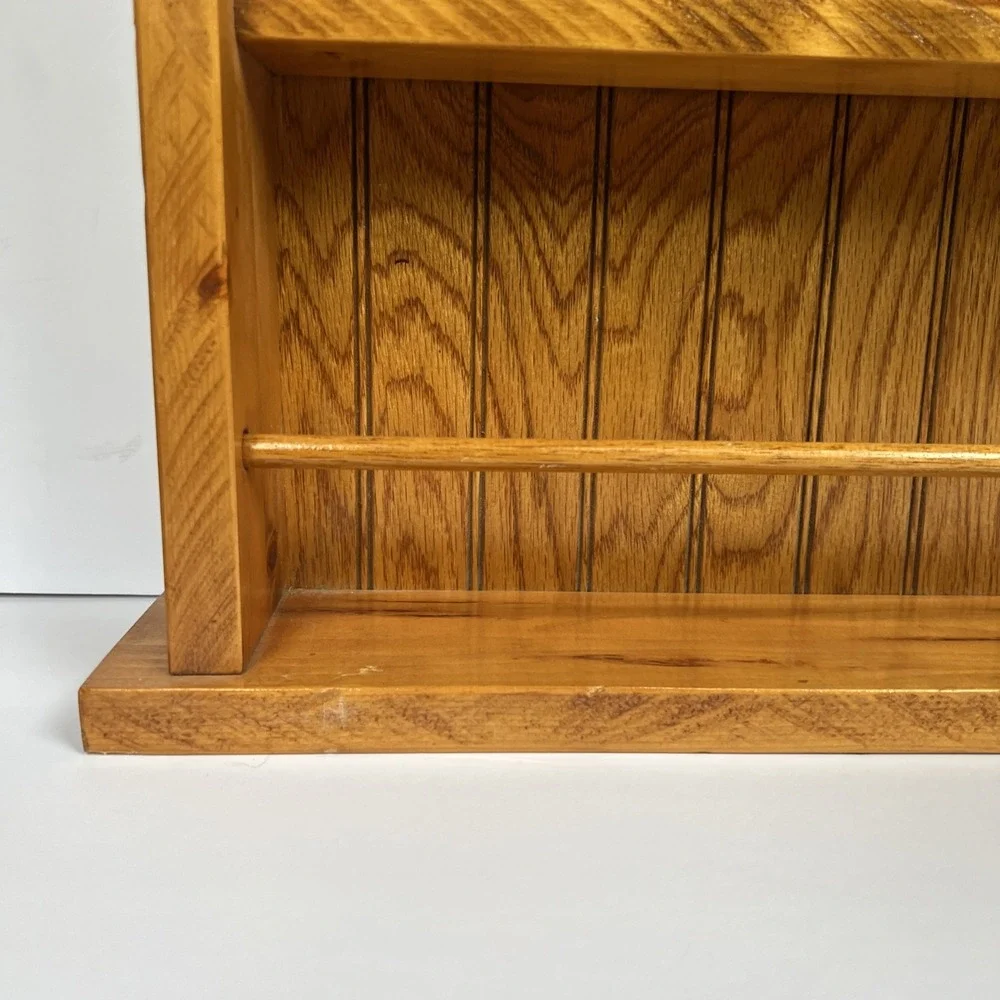 VTG Wood Wall Shelf Spice Rack Rustic Farmhouse Hanging Display 20x16 w/ Rails